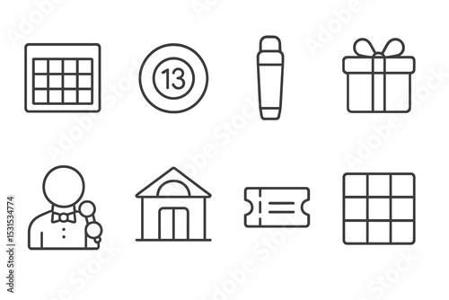 Bingo Icon Set. Line style icons for bingo: bingo card, bingo ball, marker, prize, caller, bingo hall, ticket, number grid. No