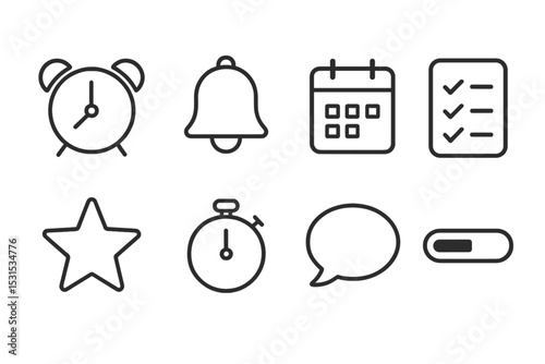 Mindfulness Reminder Icons. Line style icons for mindfulness reminders: alarm clock, notification bell, calendar, checklist, star,