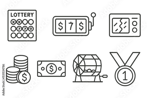 Lottery Icon Set. Line style icons for lottery: lottery ticket, winning numbers, jackpot, scratch card, coin stack, cash prize,