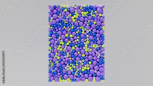 Vibrant animation of multicolored 3D spheres dynamically moving inside a clean rectangular container. Ideal for abstract design, technology, data flow, biotech, gaming interfaces. motion background.