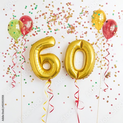 60th Birthday Celebration Gold Balloons, Confetti and Ribbons,Party Decor, Anniversary Party Supplies, Birthday Balloons
