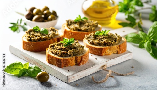 Olive tapenade bruschetta with food, and Italy.