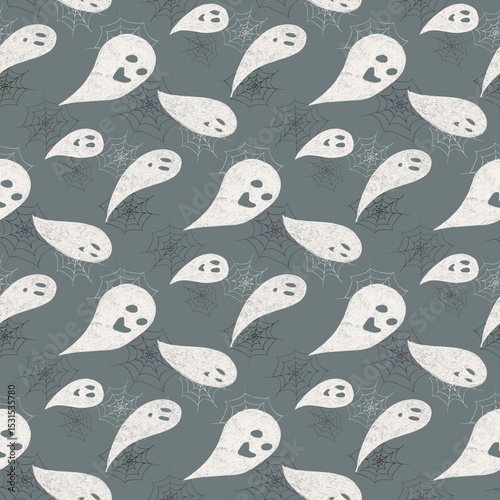 Chalky Cute Ghost Pattern with Spiderwebs – Halloween Design Seamless Pattern