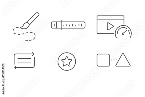 Animation Icons Collection. Line style icons of animation: animated brush path, time control bar, animation preview window,
