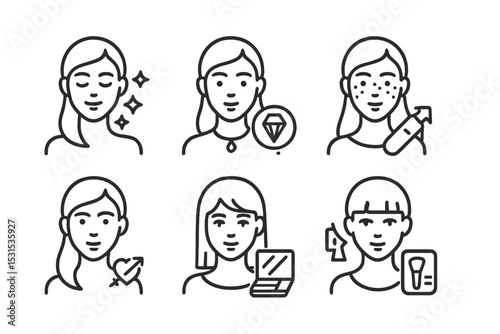 AR Effects Icons. Line style icons of AR effects: beauty enhancement AR, virtual jewelry filter, animated skin effect, AR tattoo