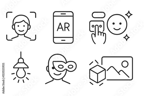 AR Effect Icons. Line style icons of AR effects: user-facing AR preview, mobile AR effects toggle, touch reaction panel, selfie FX