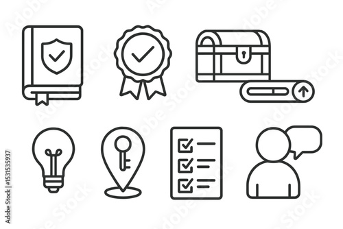 Quest Icon Set. Line style icons of quests: quest log book, quest completion badge, reward chest, quest progress bar, mission hint