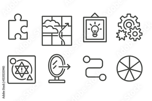 Puzzle Icons Collection. Line style icons of puzzles: clue piece icon, fog-of-war map, room escape hint, broken mechanism
