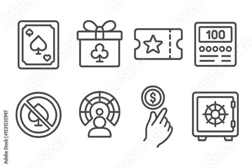 Casino Line Icons. Line style icons of casino: game invitation icon, loyalty reward box, raffle ticket icon, betting counter