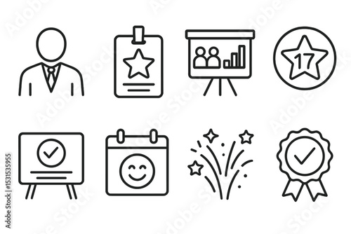 Lottery Line Icons. Line style icons of lottery: draw moderator figure, sponsor badge icon, participant count chart, gold star