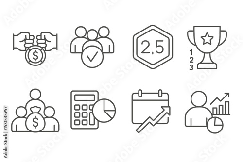 Betting Icons Collection. Line style icons of betting: bet challenge icon, group bet symbol, odds badge icon, leaderboard trophy,