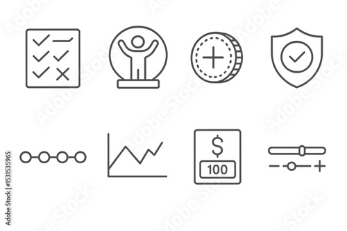 Betting Icons Collection. Line style icons of betting: multi-bet planner, winner highlight icon, betting bonus coin, safe zone