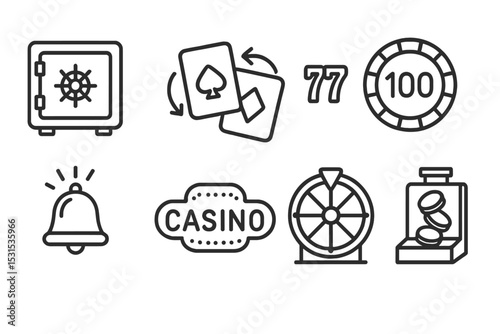 Casino Icon Set. Line style icons of casino: casino vault, card shuffle symbol, lucky 7 icon, high roller chip, win bell symbol,