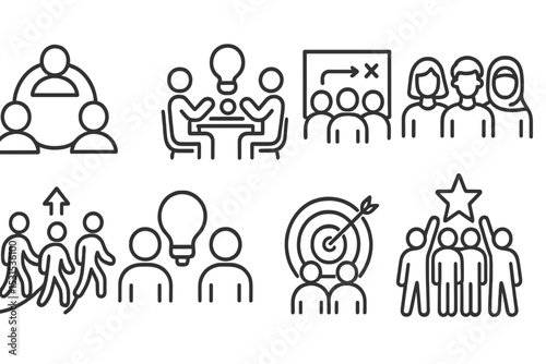 Teamwork Iconography. Line style icons of teamwork: linked profiles, team brainstorming icon, collaborative planning, diverse team