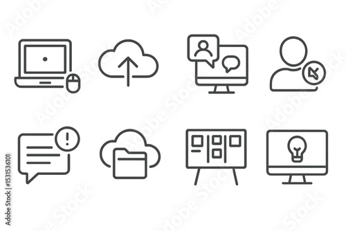 Remote Work Icons. Line style icons of remote work: remote device setup, cloud action icon, screen discussion, silent workspace