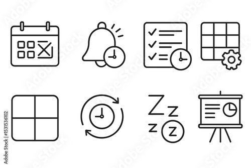 Time Management Icons. Line style icons of time management: calendar crossout, schedule bell, time-smart checklist, effort grid,