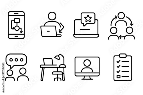 Remote Work Icons. Line style icons of remote work: mobile workflow, smart working icon, virtual feedback, collaboration stream,