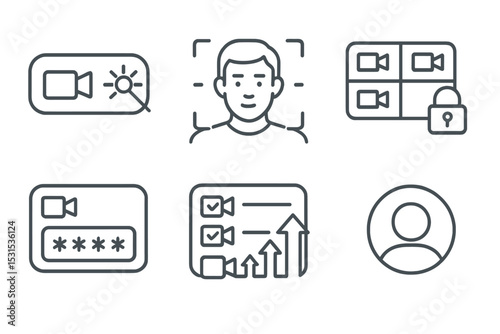 Video Conferencing Icons. Line style icons of video conferencing: video enhancement toggle, facial recognition login, video grid