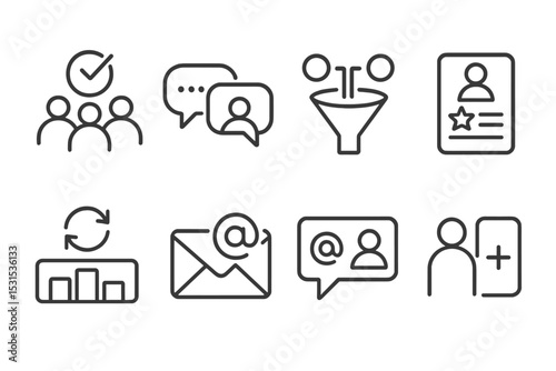 Collaboration Icon Set. Line style icons of collaboration: team OKR icon, discussion tab, shared filter icon, feedback form, sync