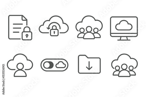 Cloud Service Icons. Line style icons of cloud services: document lock icon, secure backup cloud, share with team cloud, desktop
