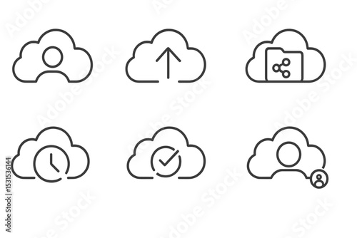 Cloud Service Icons. Line style icons of cloud services: user profile cloud, recent uploads icon, shared drive icon, team link