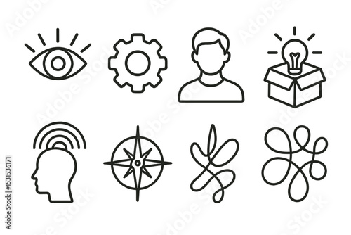 Creativity Line Icons. Line style icons of creativity: raw vision symbol, abstract gear icon, creator avatar, unboxed thinking,