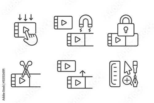 Video Editing Icons. Line style icons of video editing: drag and drop icon, clip snapping, magnet mode, track lock, ripple delete,