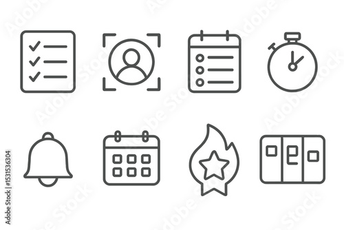 Productivity Tools Icons. Line style icons of productivity tools: task list, focus mode, daily planner, time tracker, reminder