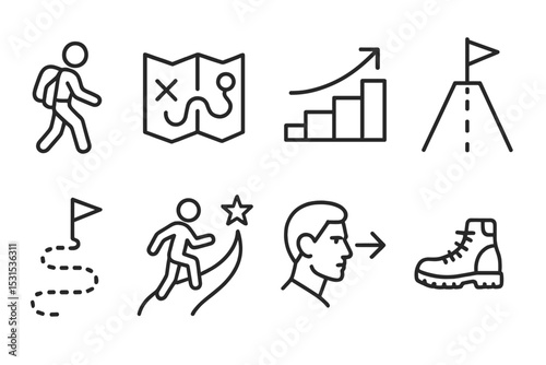 Motivational Journey Icons. Line style icons of motivation themes: personal journey, map icon, step by step, long road, goal