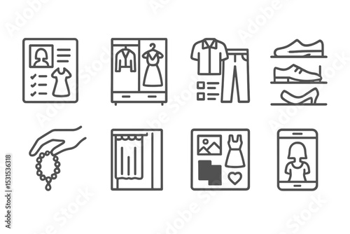 Lifestyle Line Icons. Line style icons of lifestyle themes: fashion lookbook, wardrobe icon, outfit planning, shoe rack, accessory
