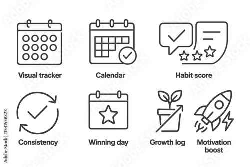 Motivation Icons Collection. Line style icons of motivation themes: visual tracker, calendar streak, daily tick, habit score,