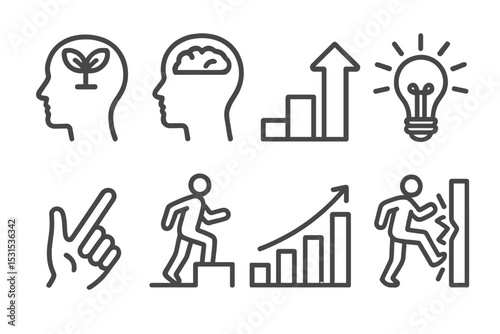 Motivation Icons. Line style icons of motivation themes: growth mindset, open brain, upward arrow, lightbulb spark, self-trust,