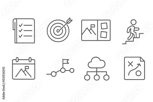Goal Setting Icons. Line style icons of goal setting: goal list, target icon, vision board, action steps, long-term plan,