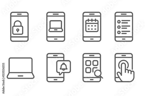 Remote Work Icons. Line style icons of remote work: mobile access, phone workspace, mobile calendar, compact tasks, small screen,