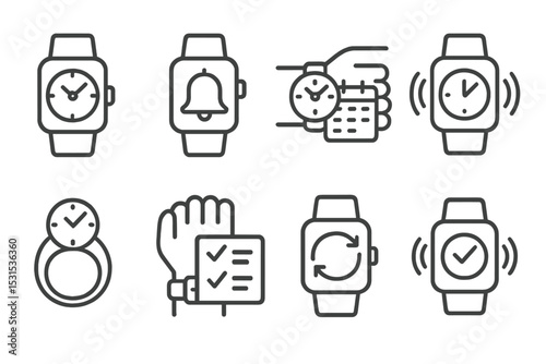 Time Management Icons. Line style icons of time management: smart watch time, wearable reminder, fitness schedule, vibration alert