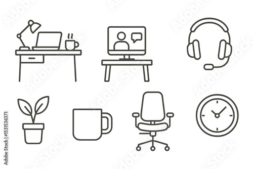 Remote Work Essentials. Line style icons of remote work: home office desk, laptop on table, video call setup, headphones with mic,