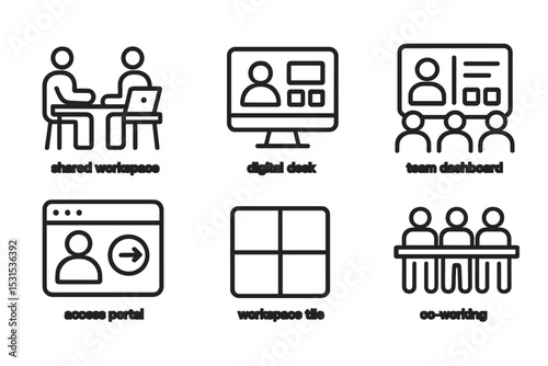 Collaboration Icons Collection. Line style icons of collaboration: shared workspace, digital desk, team dashboard, overview panel,