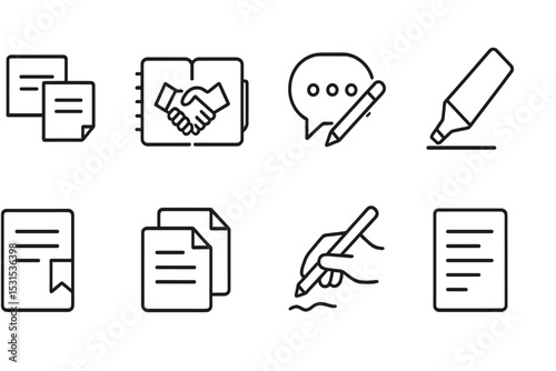 Collaborative Icon Set. Line style icons of collaboration: notes together, joint notebook, comment pen, shared highlight, page tag