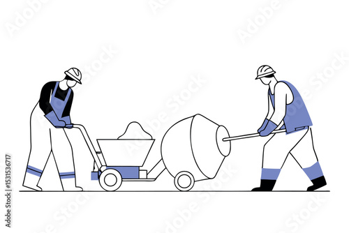 Builders working with concrete mixer and wheelbarrow vector art, construction site scene with workers pouring cement