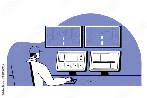 Surveillance system operator monitoring multiple screens, security room with cameras, cctv control center, tech professional at work