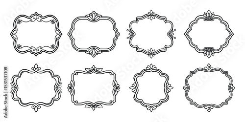 set of vintage rectangular border badge frame with floral line on white background