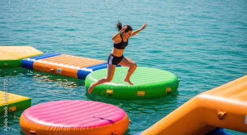 Woman jumping on inflatable water obstacle course