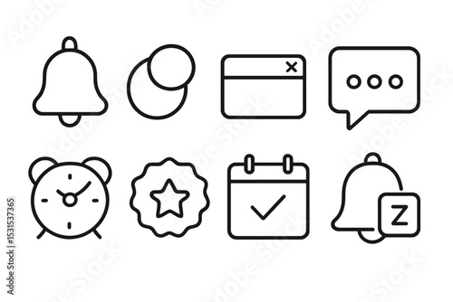 Reminder Icon Set. Line style icons for reminders and alerts: bell, notification, popup, message, alarm clock, badge, calendar