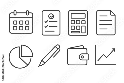 Financial Planning Icons. Line style icons for financial planning: calendar, checklist, calculator, document, pie chart, pen,