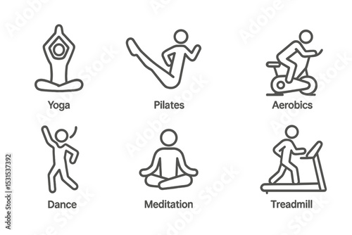 Fitness Icon Set. Line style icons for fitness classes: yoga, pilates, aerobics, spinning bike, dance, meditation, boxing gloves,