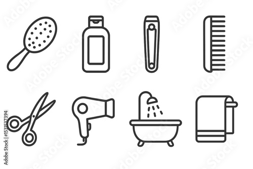 Grooming Tool Icons. Line style icons for grooming: brush, shampoo bottle, nail clipper, comb, scissors, hair dryer, bath tub,