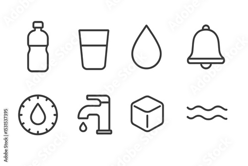 Hydration Icon Set. Line style icons for hydration: water bottle, glass, droplet, reminder bell, hydration tracker, faucet, ice