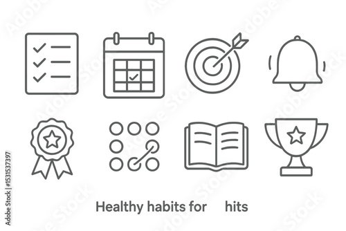 Healthy Habits Icons. Line style icons for healthy habits: checklist, calendar, goal, reminder, reward, habit tracker, journal,
