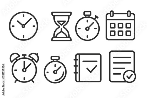 Time Management Icons. Line style icons for time management: clock, hourglass, stopwatch, calendar, alarm, timer, planner,