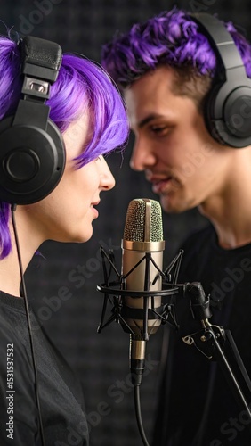 Two people with purple hair, headphones, and microphones